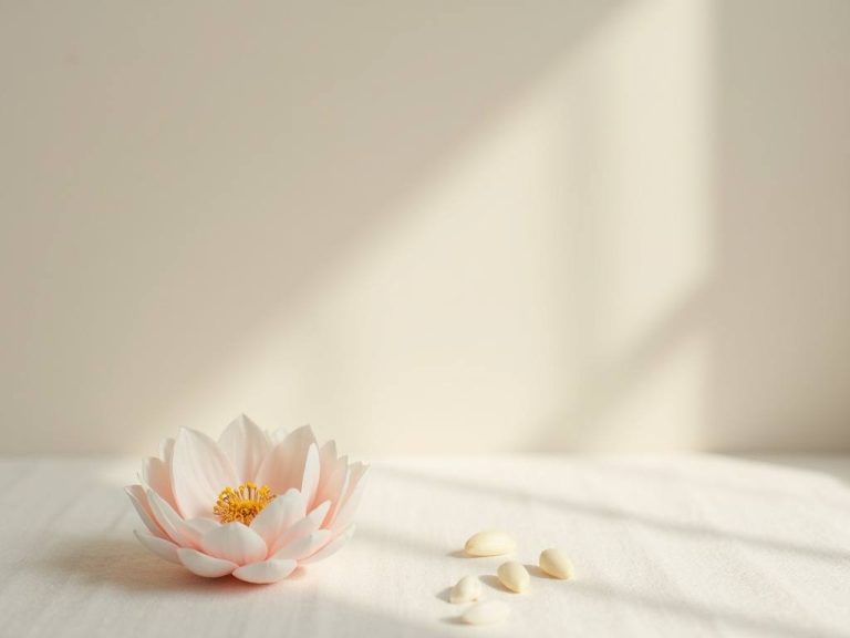 A single soft flower resting on neutral linen