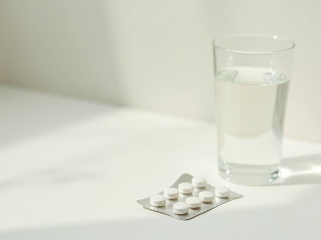 A blister pack of pills next to a glass of water on a clean light surface