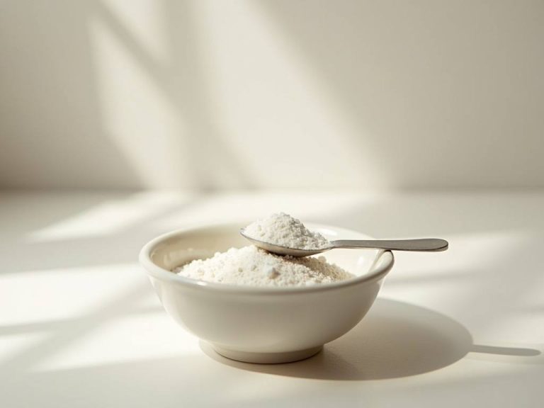 A small white bowl of powdered inositol supplement with a measuring spoon