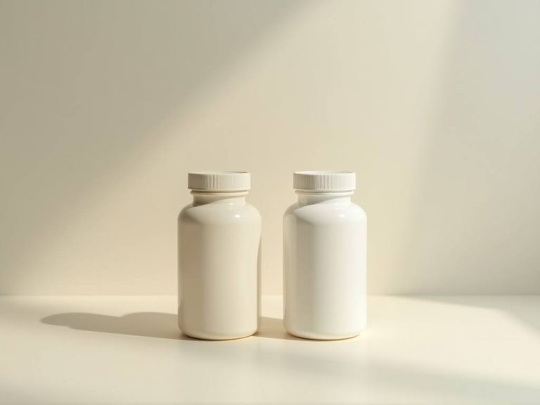 Two unlabeled supplement bottles side by side on a soft neutral background