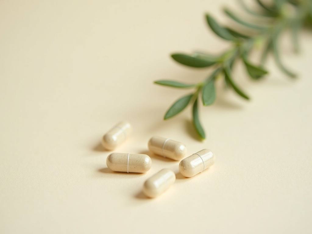 Herbal supplement capsules and a sprig of greenery on a soft neutral surface