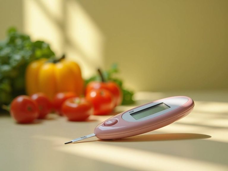 A glucose meter beside fresh vegetables on a bright surface
