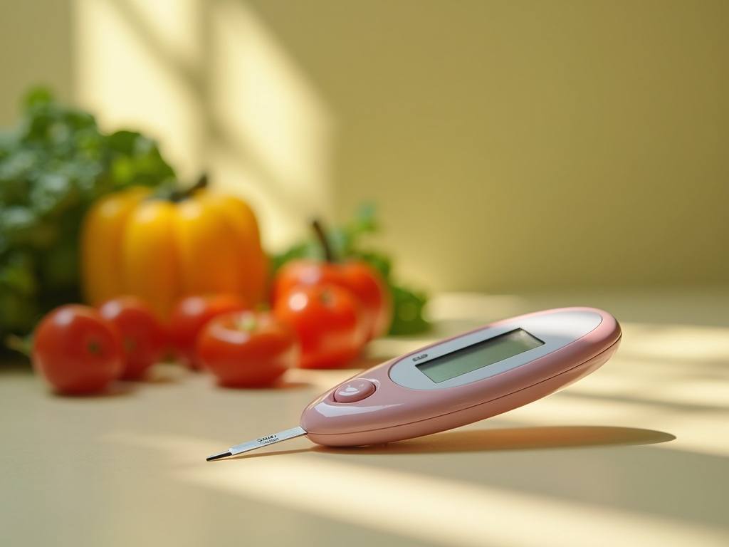 A glucose meter beside fresh vegetables on a bright surface