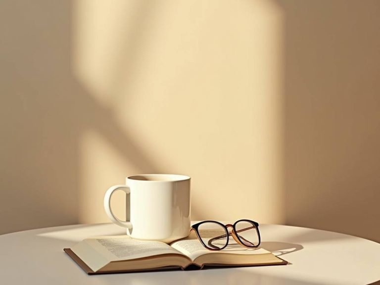 A mug of herbal tea beside reading glasses in soft natural light