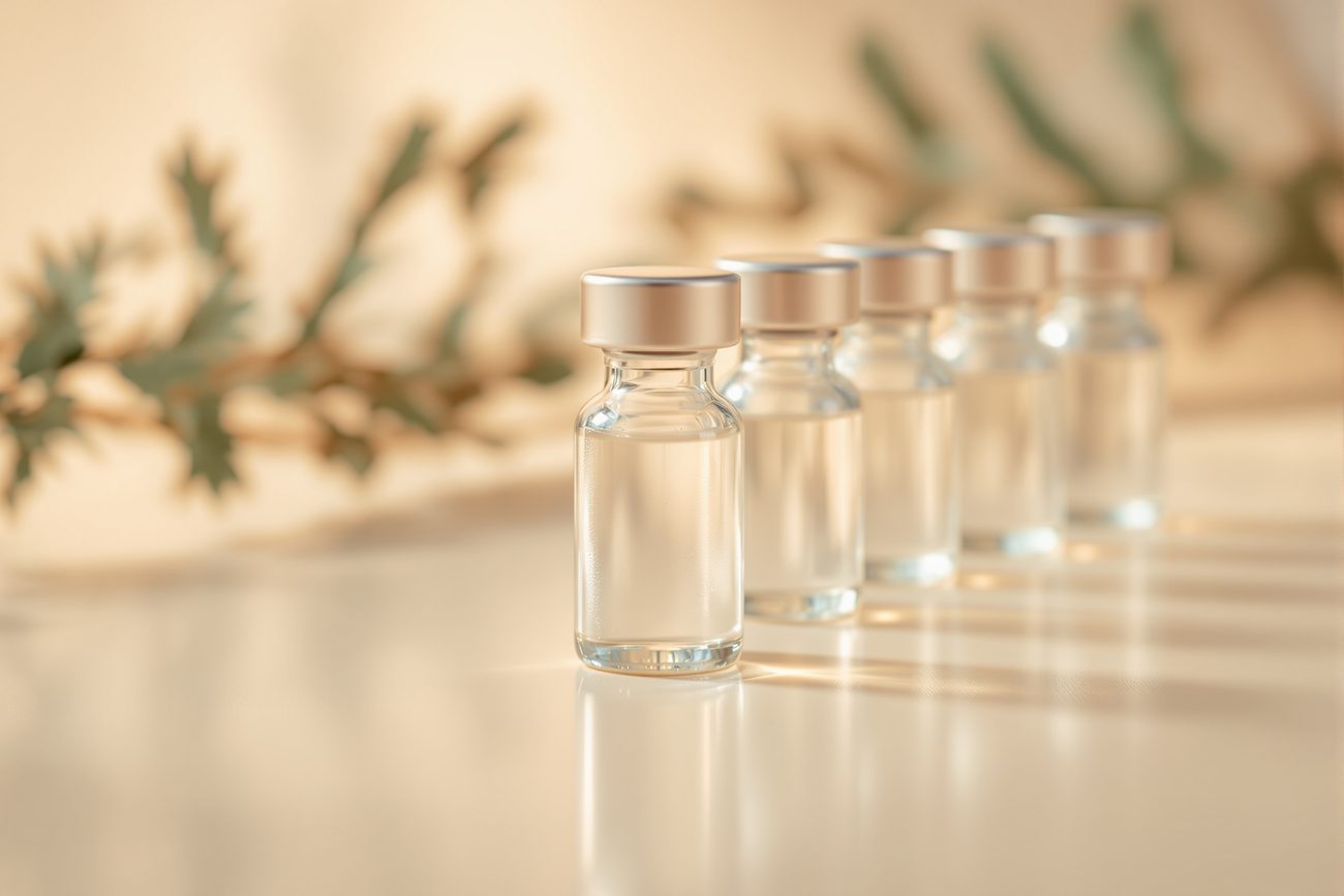 Macro close-up of clear therapy vials on a neutral surface with shallow focus
