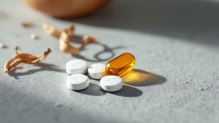 White dasatinib tablets beside an amber quercetin capsule and dried onion skins on a neutral surface