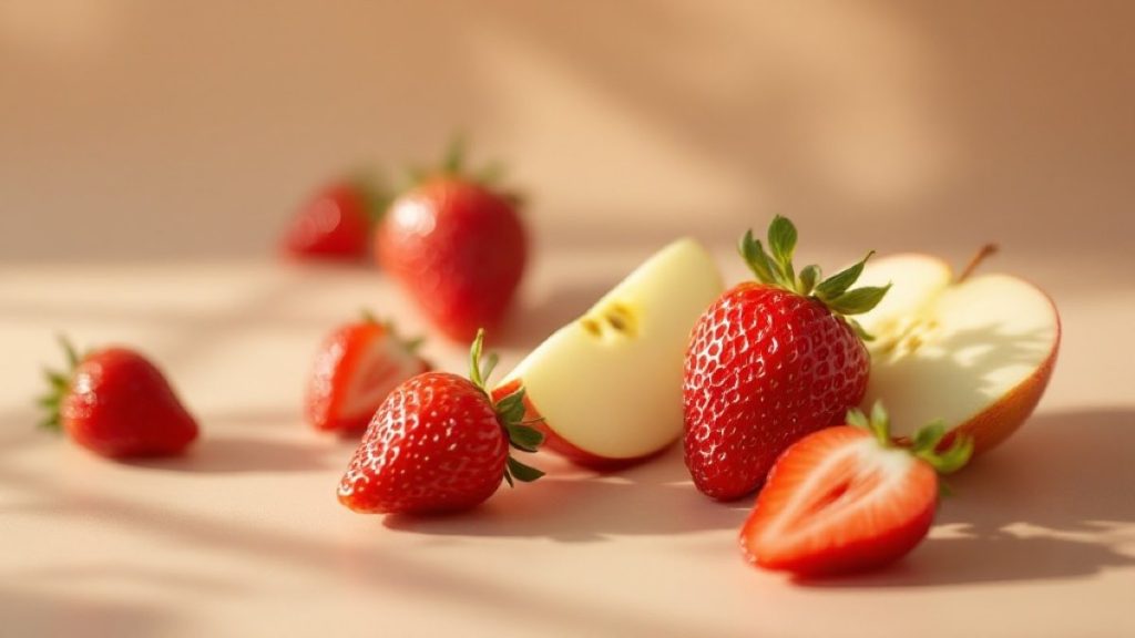 Fresh strawberries and sliced apple on a warm neutral surface, dietary sources of the flavonoid fisetin