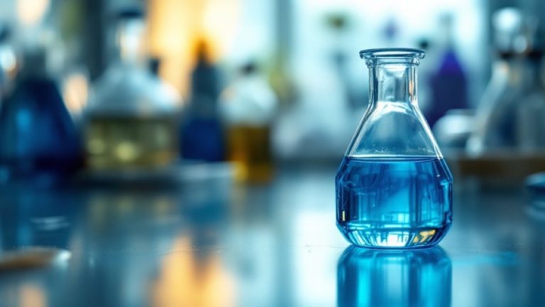 Laboratory glass vial of deep blue methylene blue liquid on a clean lab bench