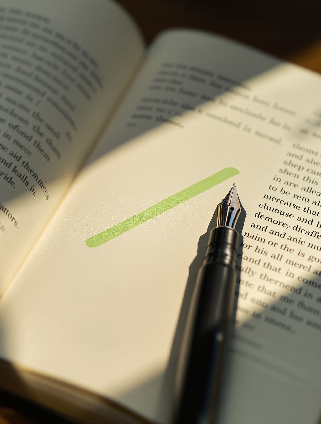 Top-down close-up of an open journal page with highlighted lines and a pen resting on it