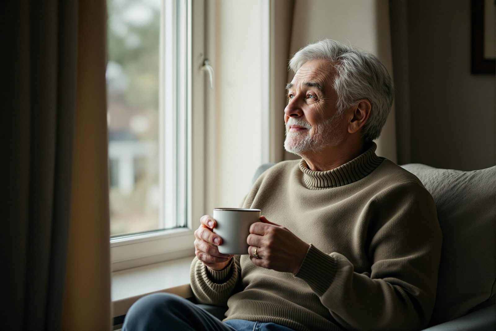 A person sitting calmly by a window at home in soft daylight holding a mug