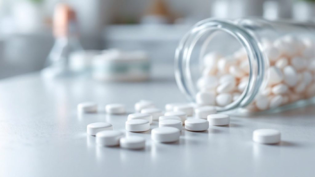 White rapamycin sirolimus tablets spilling from a glass jar on a clinical laboratory surface