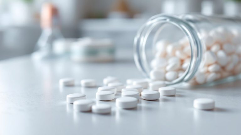 White rapamycin sirolimus tablets spilling from a glass jar on a clinical laboratory surface