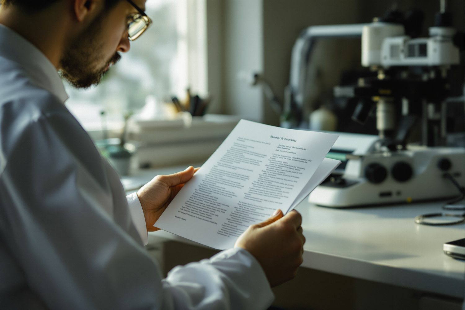 A researcher at a lab bench reading a printed study in morning light beside a microscope