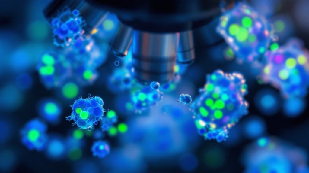Fluorescently stained cells in blue and green under a laboratory microscope, illustrating senescent cell research