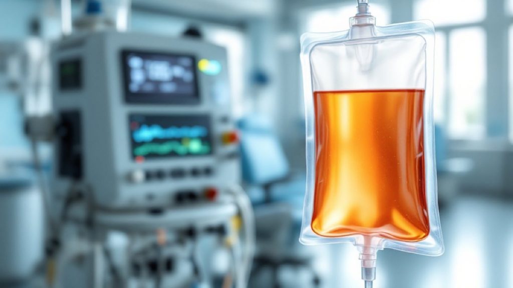 Medical apheresis machine with clear tubing and an amber plasma bag used for therapeutic plasma exchange in a clinic
