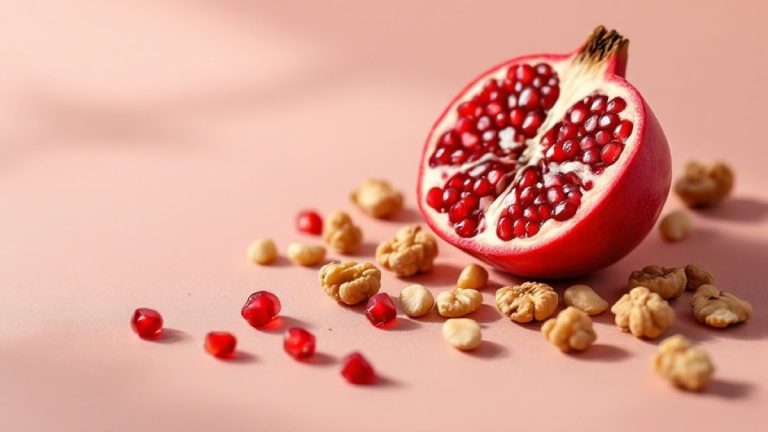 Halved pomegranate and walnuts on a warm neutral surface, dietary sources of ellagitannins that gut bacteria convert into urolithin A