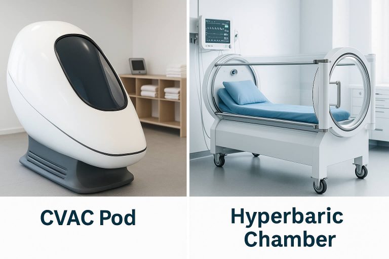 comparison of a CVAC pod and a hyperbaric oxygen chamber in a clinical setting, showcasing the differences in design, function, and patient experience.