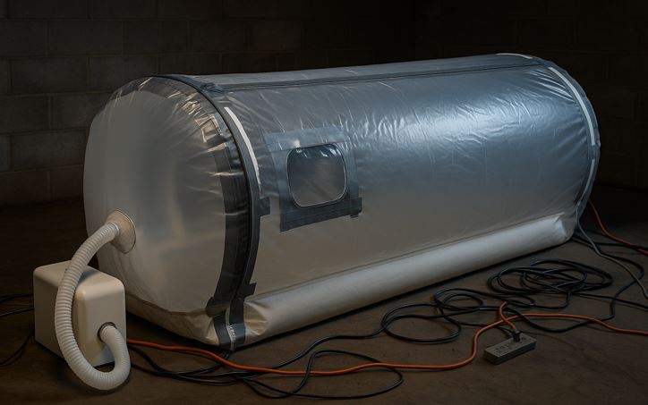 Unsafe DIY hyperbaric chamber made from plastic panels and duct tape in a cluttered garage workshop.