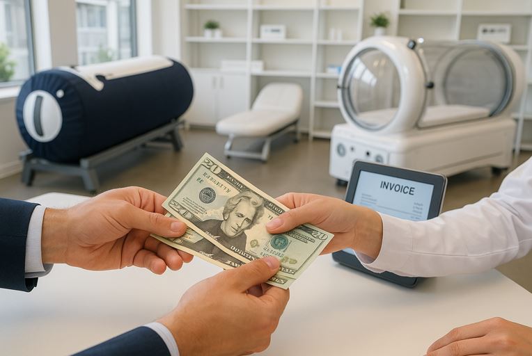 Close-up of a customer paying cashier in a modern hyperbaric chamber showroom, symbolizing hyperbaric chamber cost to buy