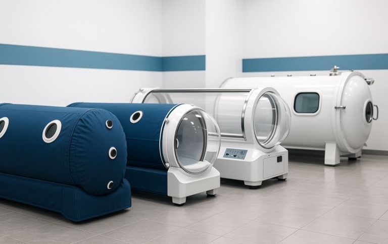 a neatly arranged row of hyperbaric oxygen chambers in a modern medical showroom