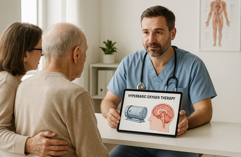 Doctor explaining hyperbaric oxygen therapy to a stroke patient and family member using a diagram of a chamber and brain illustration.