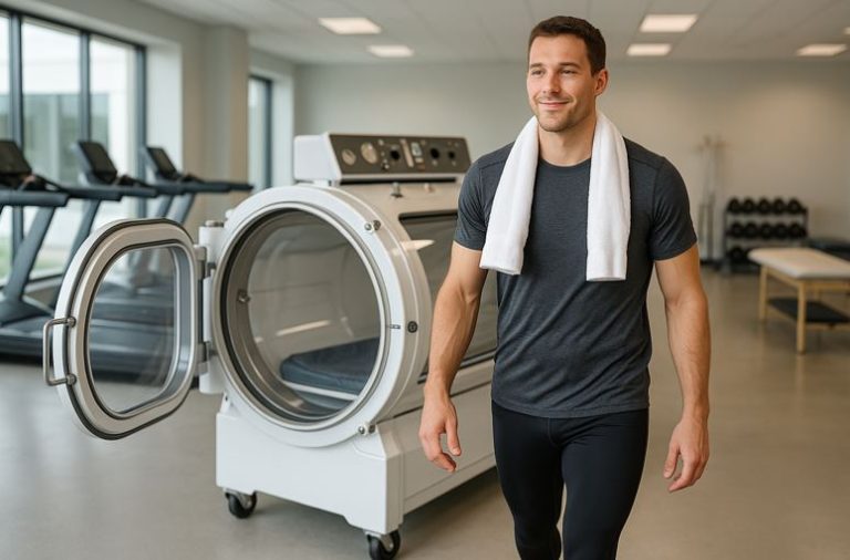 Athlete stepping out of a realistic hyperbaric chamber in a sports recovery clinic