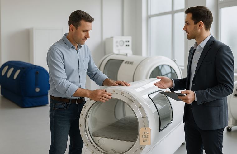 A potential buyer inspects a used hyperbaric chamber while negotiating price with a salesperson in a clean showroom.