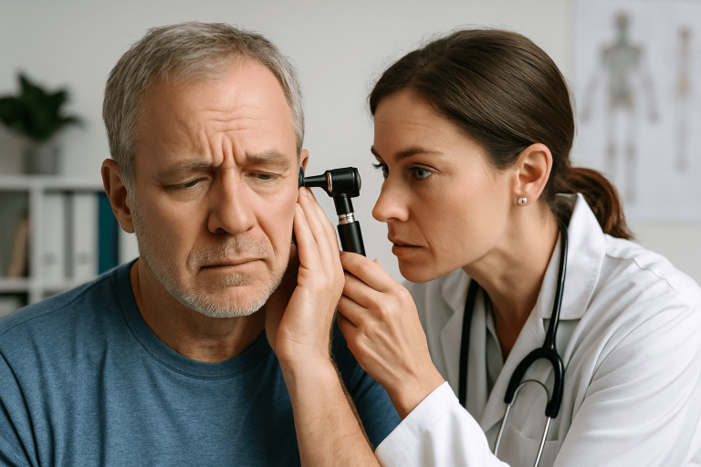 A doctor examines a patient's ear, exploring the question: Can hyperbaric chambers cause hearing loss?
