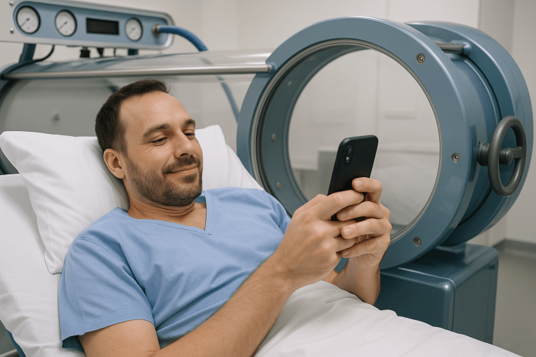 A person relaxes in a hyperbaric chamber while using a phone, questioning if you can bring your phone in a hyperbaric chamber.
