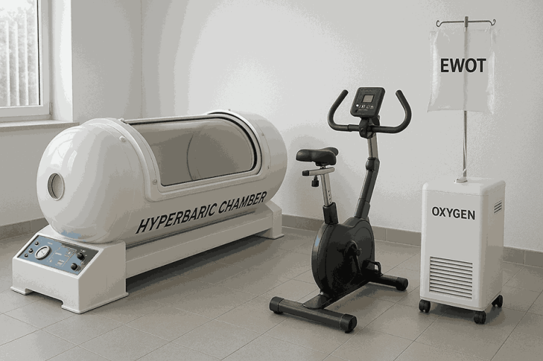 A white hyperbaric chamber for HBOT beside an exercise bike connected to an oxygen concentrator for EWOT — ewot vs hbot.