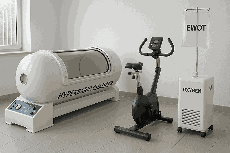 A white hyperbaric chamber for HBOT beside an exercise bike connected to an oxygen concentrator for EWOT — ewot vs hbot.