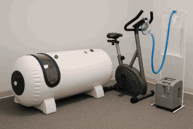 A white hyperbaric chamber for HBOT next to an exercise bike connected to an oxygen concentrator setup for EWOT. Ewot vs hbot.