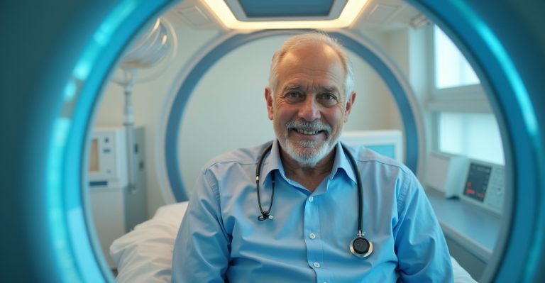 Older adult inside a modern hyperbaric oxygen chamber in a clinical setting