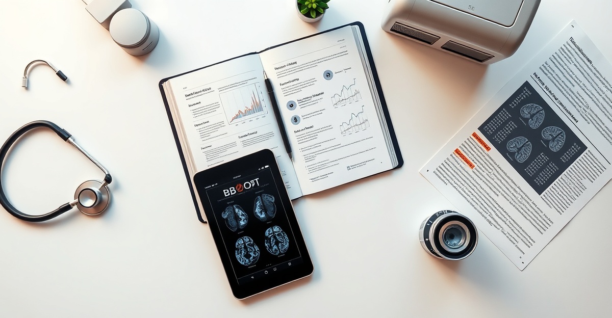 Medical research desk with HBOT journal, brain scans on tablet, stethoscope, and clinical papers