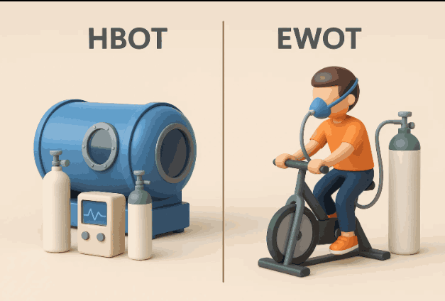 Illustration comparing HBOT with a hyperbaric chamber and oxygen tanks on the left, and EWOT with a person cycling while wearing an oxygen mask connected to a tank on the right. Ewot vs hbot.