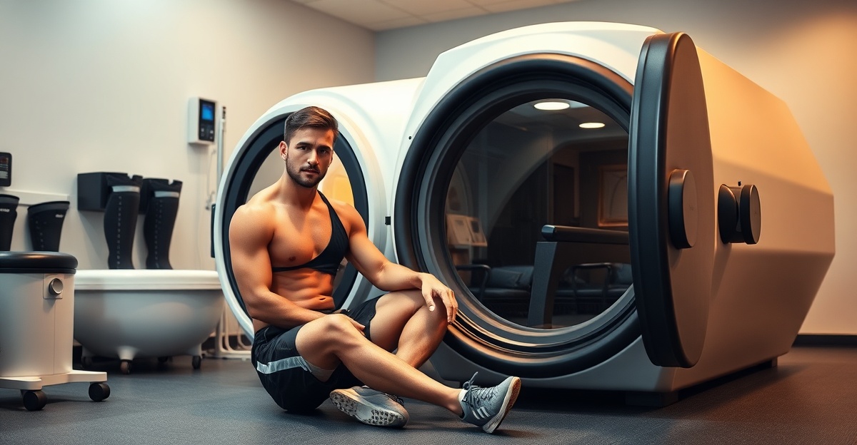 Athlete beside a hyperbaric chamber in a sports recovery clinic used for HBOT recovery