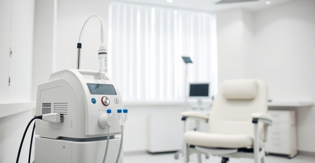 Oxygen therapy equipment including nasal cannula and concentrator in a clinical setting