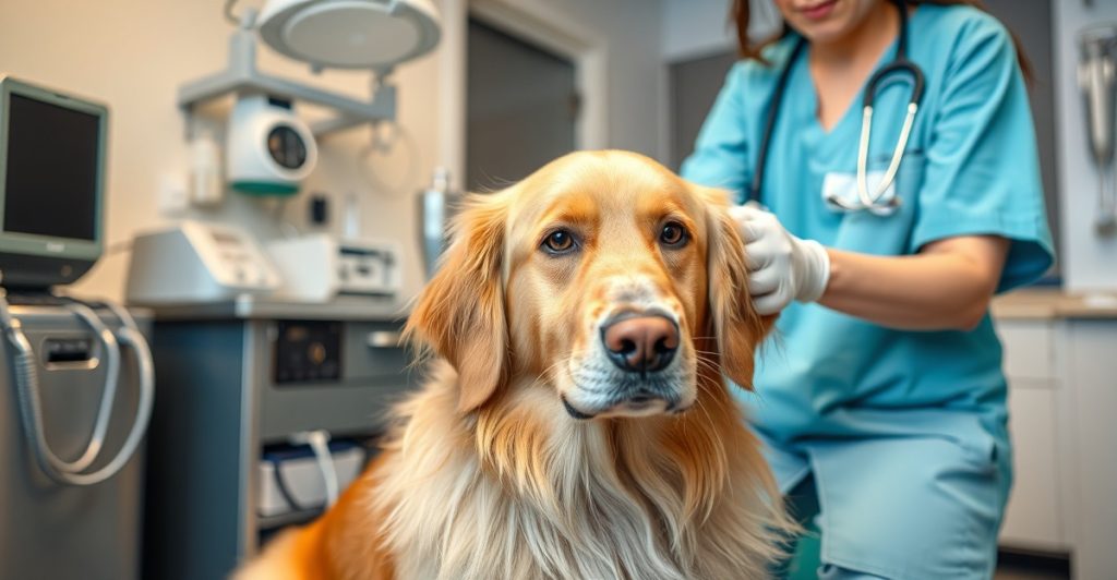 Veterinarian performing ozone therapy on golden retriever in veterinary clinic