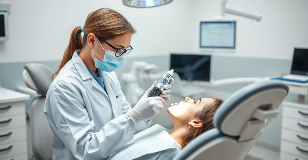 Dentist applying ozone therapy device to patient tooth in modern dental clinic