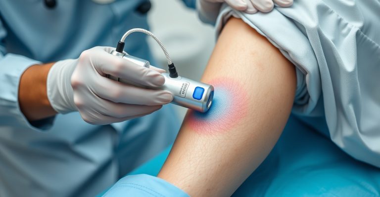 Medical professional applying topical oxygen therapy device to chronic wound