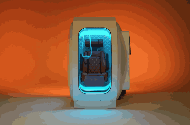 A futuristic white pod with a glowing blue interior housing a reclining seat, related to zeugma hyperbaric chamber price.