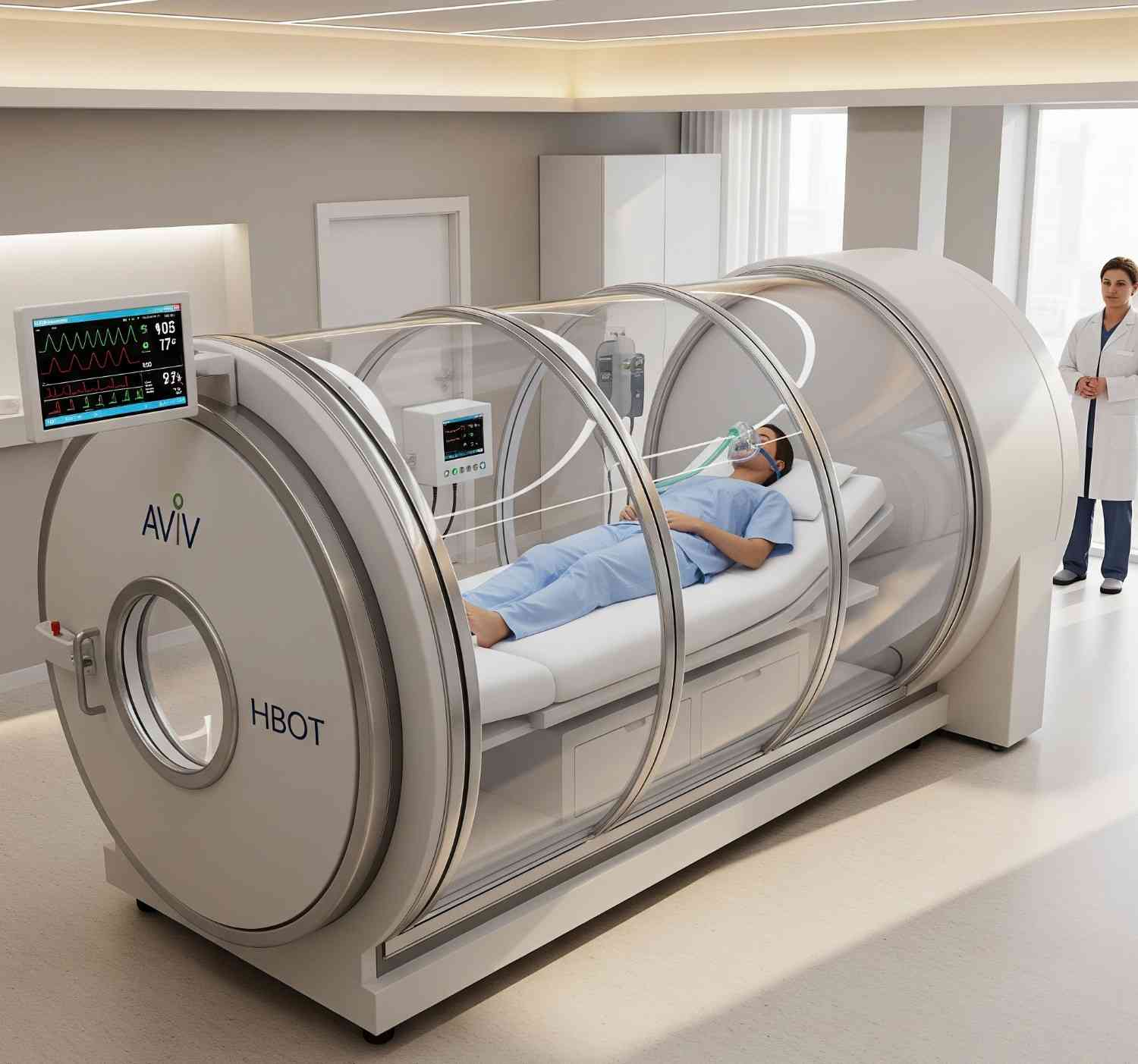 Aviv HBOT protocol in a clinic with a patient in a chamber.