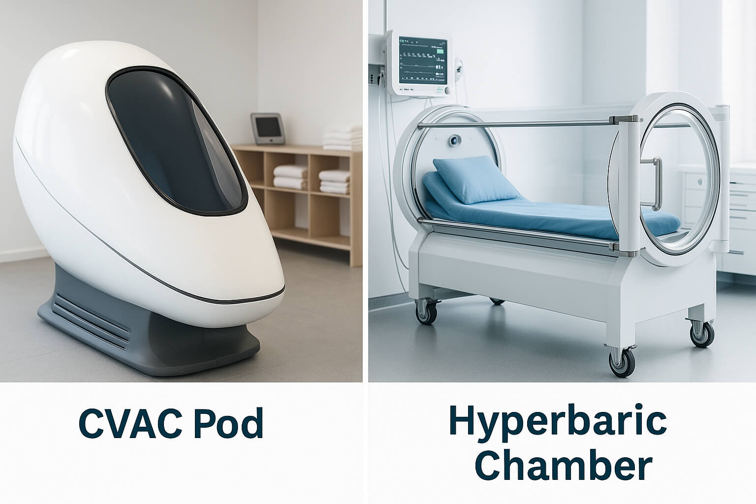 comparison of a CVAC pod and a hyperbaric oxygen chamber in a clinical setting, showcasing the differences in design, function, and patient experience.